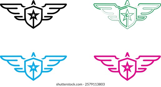 Minimalist winged emblems, star badges with wings, colorful heraldic symbols, simple security logos, aviation-inspired icons, flat graphic design, shield and wing motifs, military-style insignias, vib