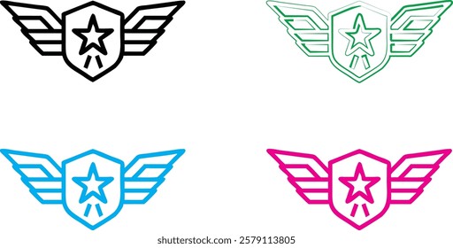 Minimalist winged emblems, star badges with wings, colorful heraldic symbols, simple security logos, aviation-inspired icons, flat graphic design, shield and wing motifs, military-style insignias, vib