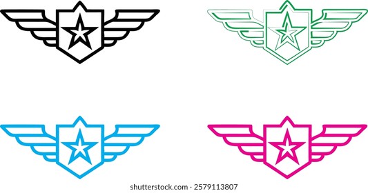 Minimalist winged emblems, star badges with wings, colorful heraldic symbols, simple security logos, aviation-inspired icons, flat graphic design, shield and wing motifs, military-style insignias, vib