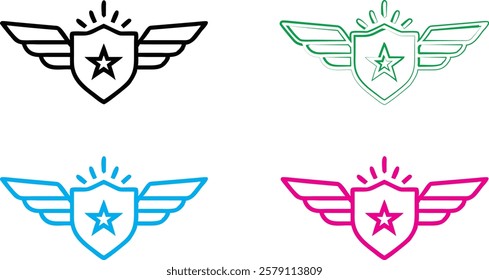 Minimalist winged emblems, star badges with wings, colorful heraldic symbols, simple security logos, aviation-inspired icons, flat graphic design, shield and wing motifs, military-style insignias, vib