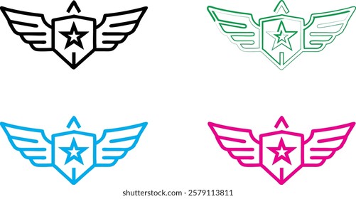 Minimalist winged emblems, star badges with wings, colorful heraldic symbols, simple security logos, aviation-inspired icons, flat graphic design, shield and wing motifs, military-style insignias, vib