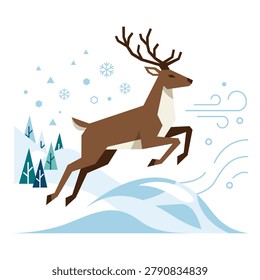 Minimalist winter background featuring a brown deer jumping over snow hills. Flat 2D vector graphic with stylized pine trees and blowing wind. Perfect for seasonal web banners and clean holiday corporate designs.