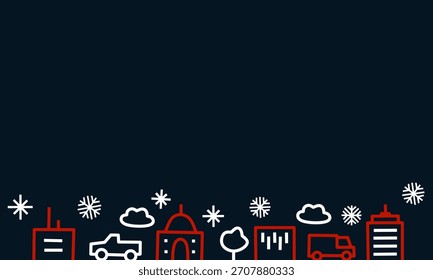 Una ilustración minimalista del paisaje urbano del invierno con el espacio vacío en la parte superior para el diseño o el texto, presentando los dibujos rojos y blancos simples del contorno de edificios, de copos de nieve, de nubes, de camiones, y de un árbol