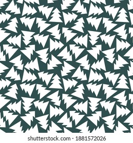 Minimalist winter forest seamless pattern vector. Snowy white geometric pine trees on tidewater green background endless texture. Abstract chaotic natural green and white seamless pattern for printing