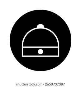 Minimalist winter hat illustration within circular black backdrop for fashion apparel accessories design emblem