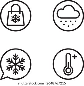 Minimalist Winter Icons Depicting Shopping, Snowfall, Snowflake and Temperature, Conveying a Cold Weather Season and Related Activities
