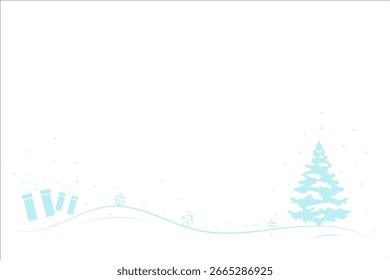 Una ilustración minimalista de invierno con un árbol de Navidad azul claro y colinas cubiertas de nieve con cajas de regalo, adornos y copos de nieve sobre un fondo blanco.