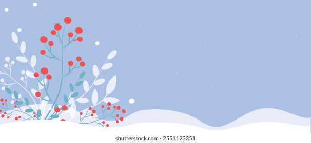 Minimalist winter illustration with red berries, white leaves, and soft snow drifts on a light blue background, with copy space for text. Vector.