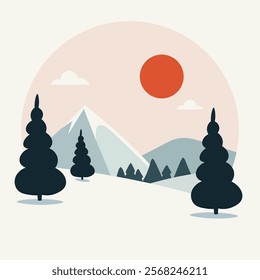 A minimalist winter landscape featuring snow-covered hills, dark evergreen trees, a bright red sun, and a mountain range in the background under a pale sky.