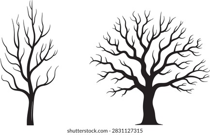 Minimalist winter landscape featuring two leafless trees under a clear sky.