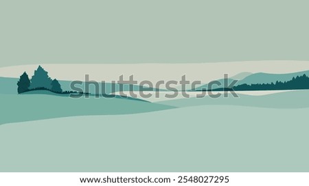 Minimalist winter landscape with hills and trees on soft background. . Vector illustration