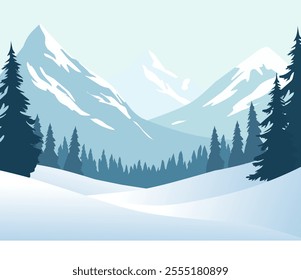 Minimalist winter landscape illustration with snowy mountains, pine trees, and a serene sky. Perfect for seasonal designs, nature themed projects, and backgrounds. Clean and modern flat design style