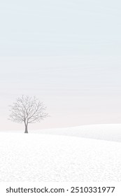Minimalist winter landscape with lonely tree graphic illustration. Merry Christmas and Happy New Year greeting card template have blank space.