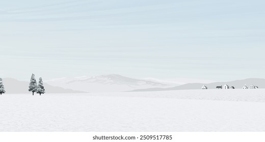 Minimalist winter landscape with small town graphic illustration. Merry Christmas and Happy New Year greeting card template have blank space.