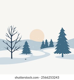 Minimalist winter landscape with snowy hills, evergreen trees, and a serene sunrise in soft pastel tones. Perfect for seasonal themes and holiday designs.