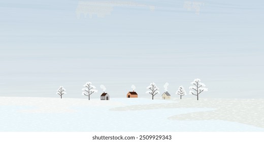 Minimalist winter landscape with snowy tree and small town childish style graphic illustration. Merry Christmas and Happy New Year greeting card template have blank space.