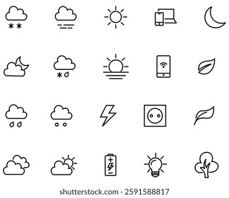 Minimalist winter line icons set. Weather and meteorology editable stroke outline icons. Storming, degree, wind, spring, night star, snow, leaf fall, night, rain, rainbow and best solid icon vector.