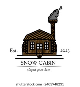 
minimalist winter log cabin line art badge logo template illustration vector design., concept icon logo emblem housing