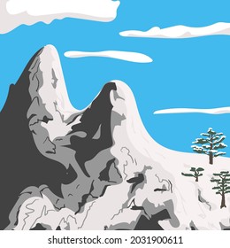 Minimalist winter mountain landscape. Blue sky, snowy peaks and fir trees. Hand drawn flat vector illustration. Contemporary wall art, t shirt print, brochure, postcard etc