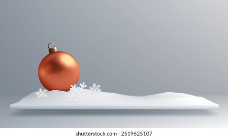 Uma cena minimalista de inverno com um ornamento laranja brilhante de Natal descansando em uma superfície nevada ao lado de flocos de neve brancos. O contraste de cores e design limpo traz um toque festivo moderno.