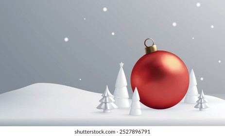 A minimalist winter scene featuring a bright orange Christmas ornament resting on a snowy surface alongside white snowflakes. The contrast of colors and clean design brings a modern festive touch.