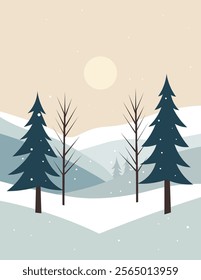 Minimalist winter scene featuring snow-covered hills, pine trees, and a pale sun in the background, creating a peaceful atmosphere.