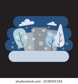 A minimalist winter scene illustration featuring abstract trees, a building, and falling snowflakes against a dark blue night sky. The simple shapes and muted colors create a cozy, serene atmosphere.