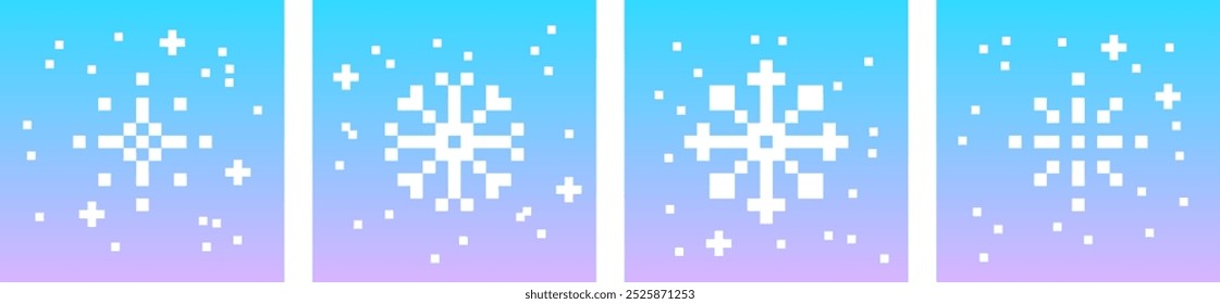 Minimalistische Wintersaisonkarten. Pixel Schneeflocke in Pixel Art. Xmas Elemente. Stimmung der 90er Jahre Ästhetik. Farbverlauf. 8-Bit-Retro-Vektorgrafik. Einfache geometrische Form. Weihnachten, Neujahr Design