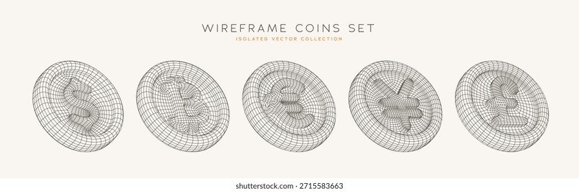 Monedas Criptográficas Minimalistas Con Bitcoin, Dólar, Yen, Ganado, Libra, Símbolos De Euro Para Temas De Finanzas Y Blockchain. Estilo 3D de Wireframe Crypto Money. Criptomonedas Ilustración vectorial