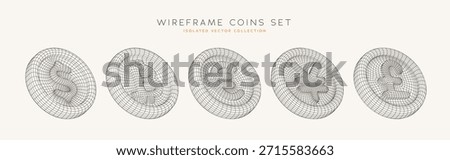 Minimalist Wireframe Crypto Coins Set With Bitcoin, Dollar, Yen, Won, Pound, Euro Symbols For Finance And Blockchain Themes. Wireframe Crypto Money 3D Style. Cryptocurrencies. Vector Illustration