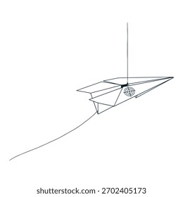 Um desenho em modelo de arame minimalista de uma estrutura geométrica complexa pendurada em uma linha fina.