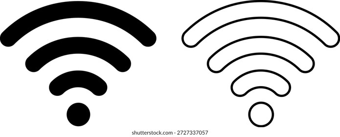 Iconos de conectividad inalámbrica minimalistas con símbolos de señal Wi-Fi estándar en silueta negra sólida y estilos de contorno lineal