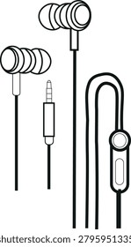 Minimalist wireless earphone outline vector illustration featuring a clean and modern line art design. This audio device icon is perfect for music streaming, podcasts, online learning, mobile technology, communication services, entertainment platforms, websites, mobile applications, and user interface designs. Isolated on a white background with scalable vector quality and editable strokes.
