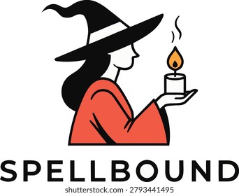 Minimalist Witch Logo Design With Burning Candle and Spellbound Text