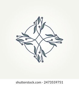 minimalist witch's knot with leaves line art icon logo vector illustration design. simple modern wicca symbol and power of four elements concept