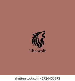 Diseño minimalista del logotipo de la cabeza de lobo, icono de la silueta del lobo aullando sobre fondo de terracota.