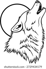 Minimalist wolf howling vector line art illustration. Black and white wolf silhouette symbol with thick consistent outlines and high contrast. Isolated on white background.