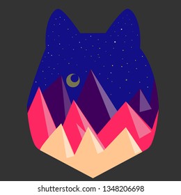 Minimalist wolf logo template with night sky and mountains