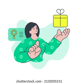 Minimalist woman customer choosing gift at website enjoying online shopping vector flat illustration. Female buying goods internet sale discount special offer black friday order delivery service
