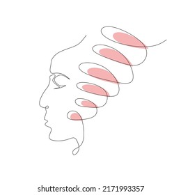 Minimalist woman face line illustration with pastel decor. One line drawing.