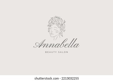 Minimalist Woman Head Flower Botanical Wreath Romantic Decorative Line Art Logo Design Vector Illustration. Simple Elegant Female Portrait With Blossom Floral Nature Decor Hairstyle Business Card