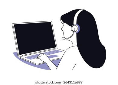 Minimalist Woman with Headset Working on Laptop Modern Digital Illustration