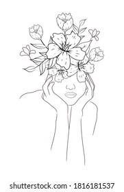 Beauty Woman Face Flowers Line Drawing Stock Vector (Royalty Free ...