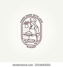 mulher minimalista fazendo pão ou bolo linha arte crachá ícone logotipo vetor ilustração design. simples padaria moderna, restaurante, catering, deli emblema logotipo conceito