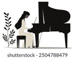 Minimalist Woman Playing Piano in Elegant Style Flat Vector Illustration