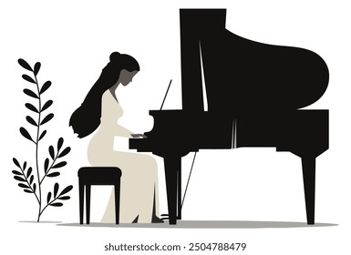 Minimalist Woman Playing Piano in Elegant Style Flat Vector Illustration