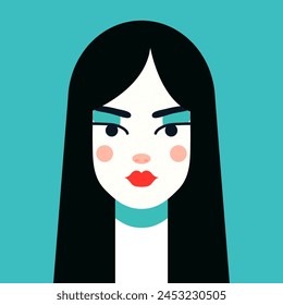 Minimalist Woman Portrait. Flat Vector Design Style. Trendy Colorful  Illustration. Female Face Avatar Isolated Icon. Colorful Abstract Cartoon Character Person. Bold Glamour People Lifestyle Symbol.	