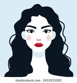 Minimalist Woman Portrait. Flat Vector Design Style. Trendy Colorful  Illustration. Female Face Avatar Isolated Icon. Colorful Abstract Cartoon Character Person. Bold Glamour People Lifestyle Symbol.	