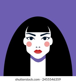 Minimalist Woman Portrait. Flat Vector Design Style. Trendy Colorful  Illustration. Female Face Avatar Isolated Icon. Colorful Abstract Cartoon Character Person. Bold Glamour People Lifestyle Symbol.	