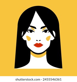 Minimalist Woman Portrait. Flat Vector Design Style. Trendy Colorful  Illustration. Female Face Avatar Isolated Icon. Colorful Abstract Cartoon Character Person. Bold Glamour People Lifestyle Symbol.	